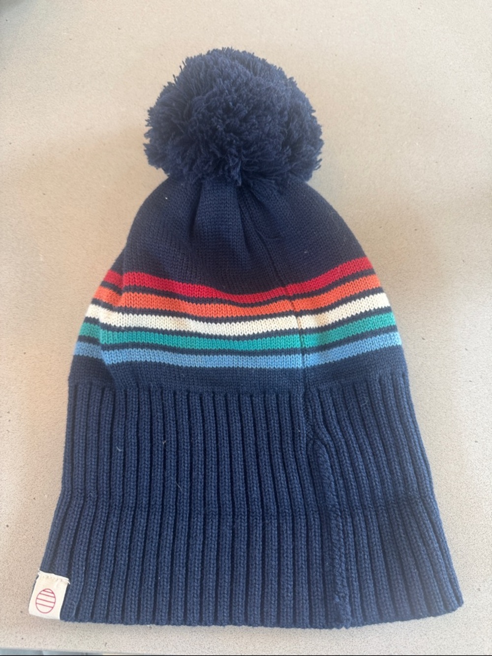 Marine Layer Navy Pom Beanie with Rainbow Stripe Accents NWOT